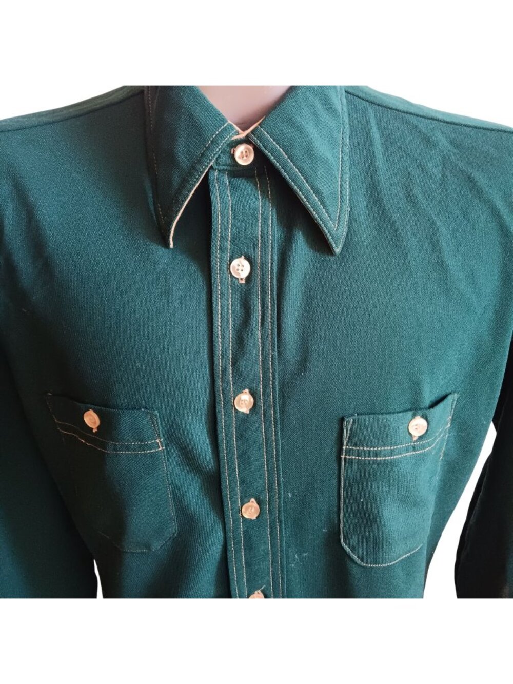 True Vintage Shirt Medium 16 1970's Green Stretch Polyester Shirt Disco Collar